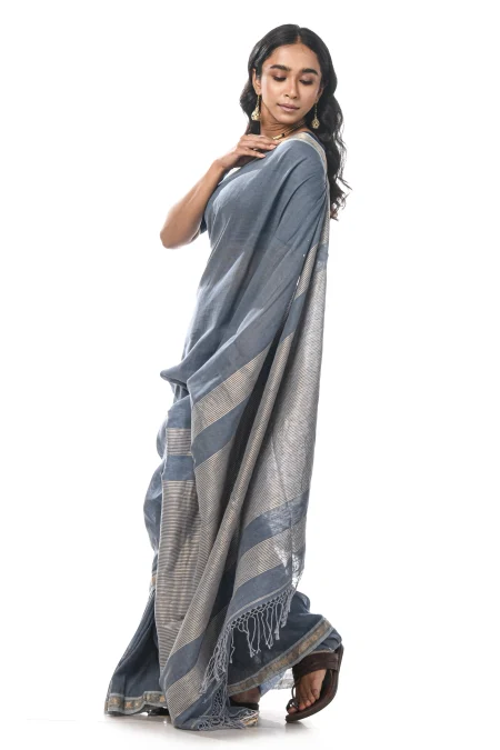Handwoven Tangail Saree - Grey - Image 3
