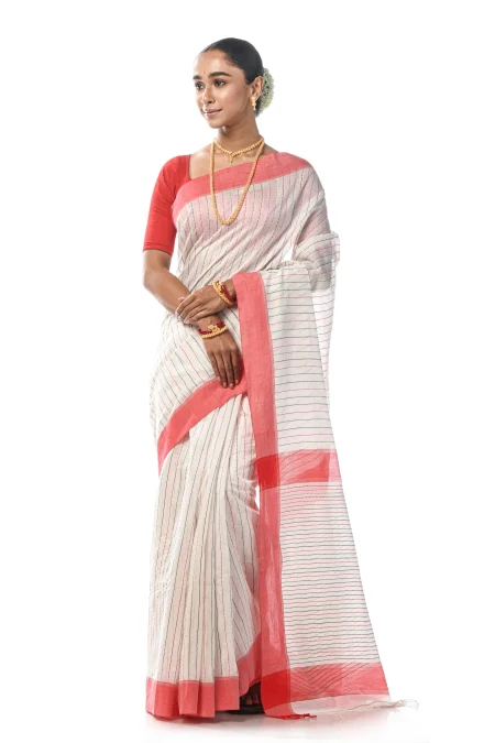 Handwoven Tangail Silk Saree - White - Image 2