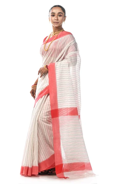 Handwoven Tangail Silk Saree - White