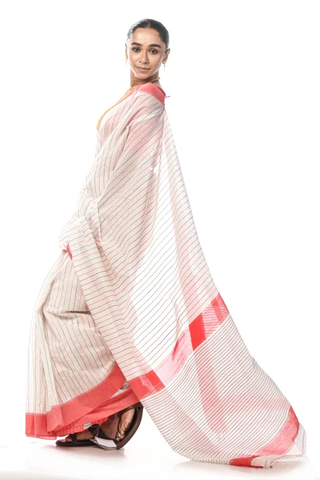Handwoven Tangail Silk Saree - White - Image 3