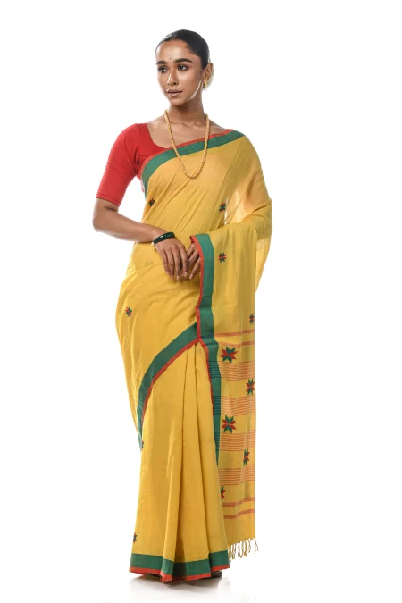 Handwoven Tangail Cotton Saree - Yellow - Image 4