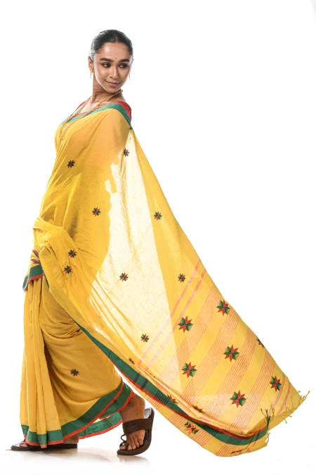 Handwoven Tangail Cotton Saree - Yellow - Image 3