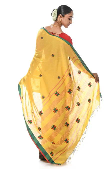 Handwoven Tangail Cotton Saree - Yellow - Image 2