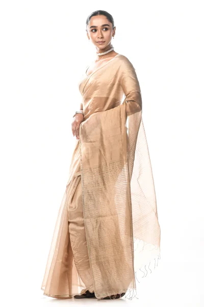 Handwoven Tangail Silk Saree with Zari Work - Beige