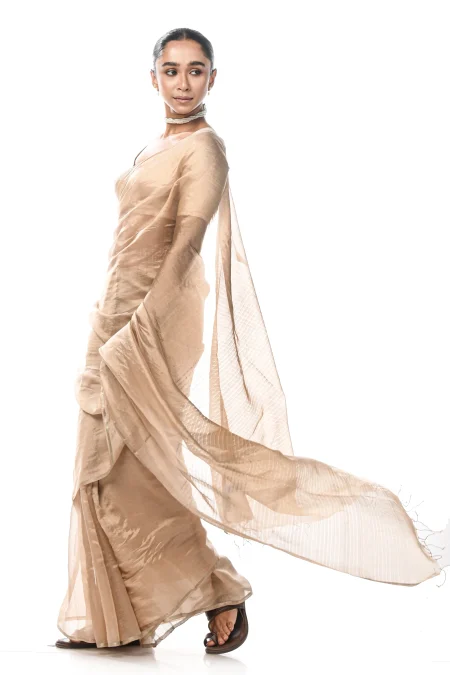 Handwoven Tangail Silk Saree with Zari Work - Beige - Image 2