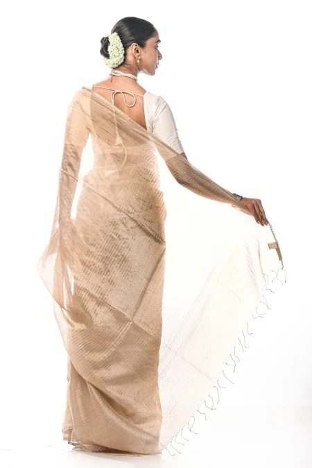 Handwoven Tangail Silk Saree with Zari Work - Beige - Image 3