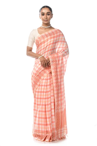 Handwoven Dhaniakhali Cotton Saree - White & Peach