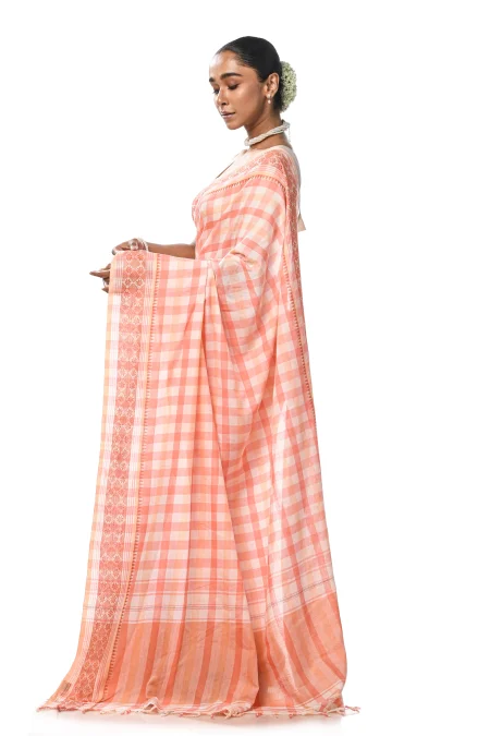 Handwoven Dhaniakhali Cotton Saree - White & Peach - Image 4