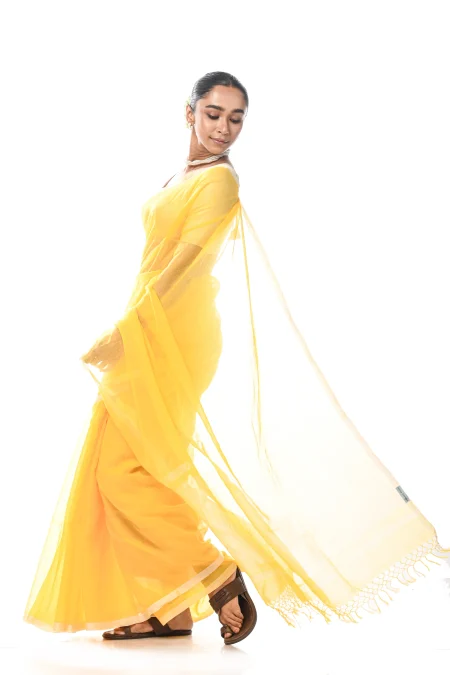 Handwoven Tangail Cotton Saree - Yellow - Image 2