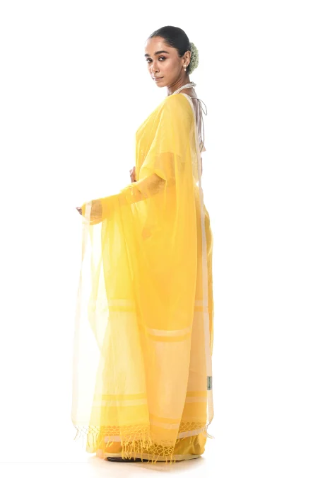 Handwoven Tangail Cotton Saree - Yellow - Image 3