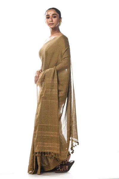Handwoven Tangail Cotton Saree - Moss Green