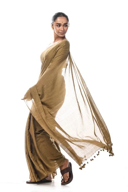 Handwoven Tangail Cotton Saree - Moss Green - Image 3