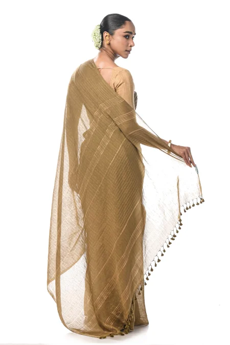 Handwoven Tangail Cotton Saree - Moss Green - Image 4