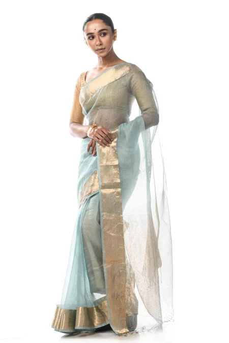 Handwoven Tangail Silk Saree with Zari Work - Aqua - Image 2