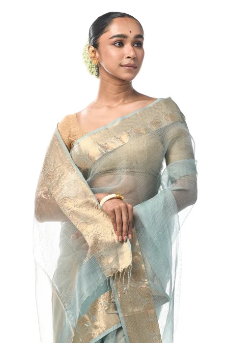 Handwoven Tangail Silk Saree with Zari Work - Aqua - Image 3