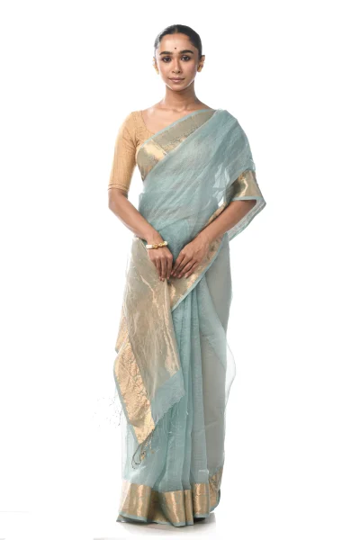 Handwoven Tangail Silk Saree with Zari Work - Aqua