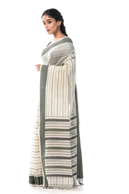 Handwoven Tangail Cotton Saree - White - Image 3