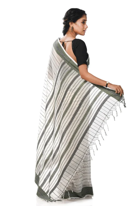 Handwoven Tangail Cotton Saree - White - Image 2
