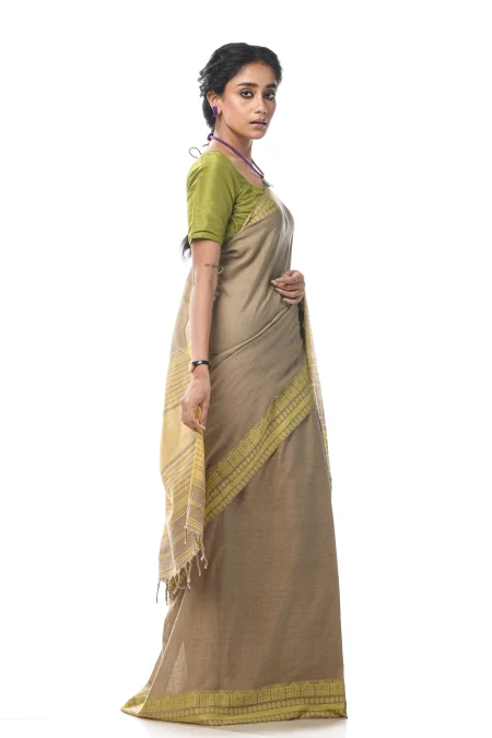 Handwoven Dhaniakhali Cotton Saree - Moss Green - Image 2