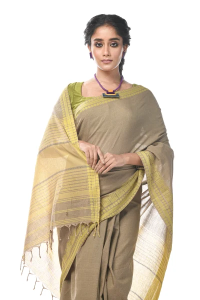 Handwoven Dhaniakhali Cotton Saree - Moss Green