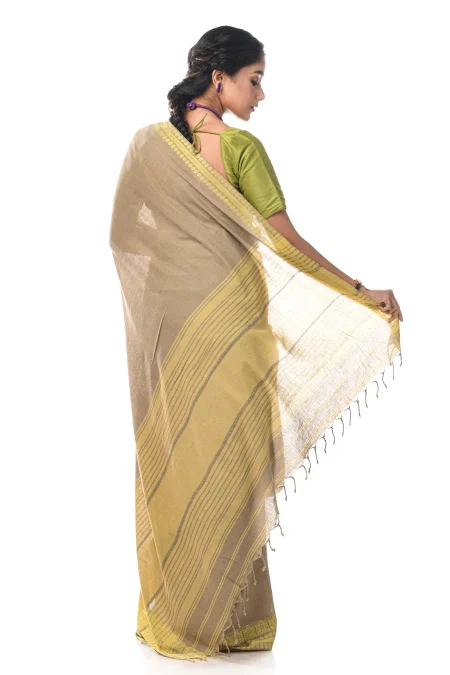 Handwoven Dhaniakhali Cotton Saree - Moss Green - Image 3