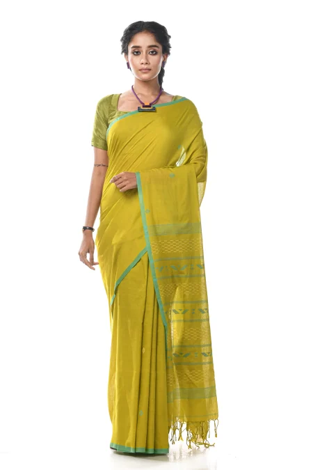 Handwoven Tangail Cotton Saree - Green - Image 4