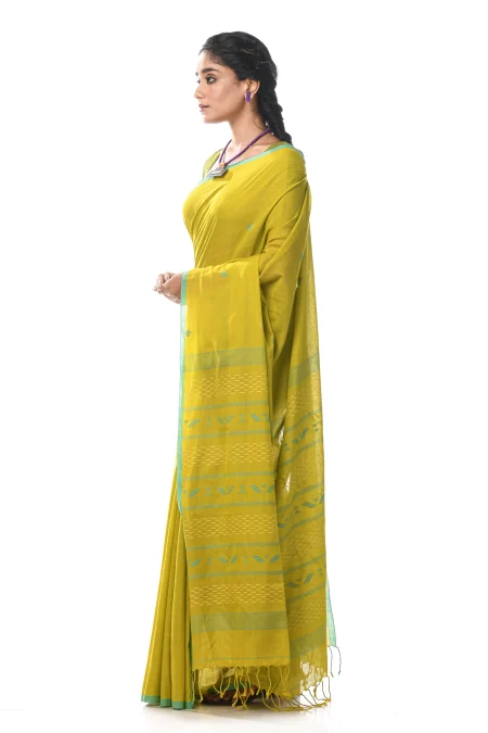 Handwoven Tangail Cotton Saree - Green - Image 3