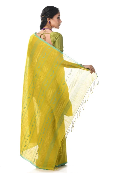 Handwoven Tangail Cotton Saree - Green - Image 2