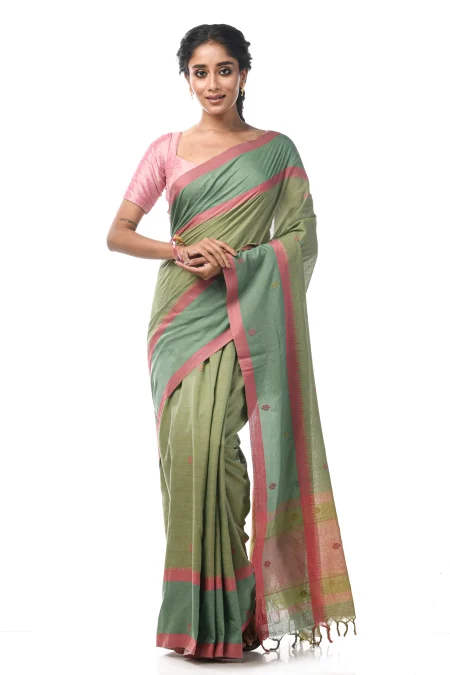 Handwoven Dhaniakhali Cotton Saree - Green