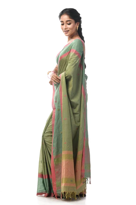 Handwoven Dhaniakhali Cotton Saree - Green - Image 4