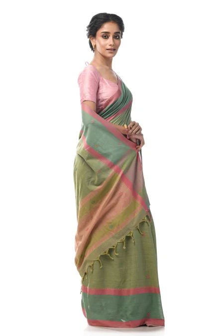 Handwoven Dhaniakhali Cotton Saree - Green - Image 5
