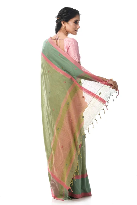 Handwoven Dhaniakhali Cotton Saree - Green - Image 3