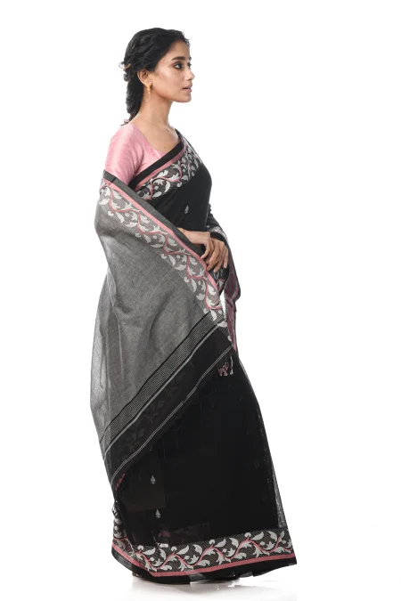 Handwoven Tangail Saree - Black - Image 2