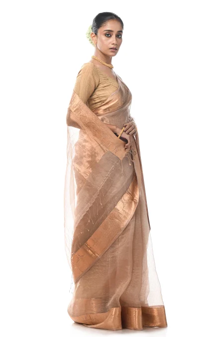 Handwoven Tangail Silk Saree with Zari Work - Beige - Image 2