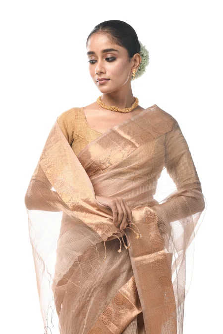 Handwoven Tangail Silk Saree with Zari Work - Beige