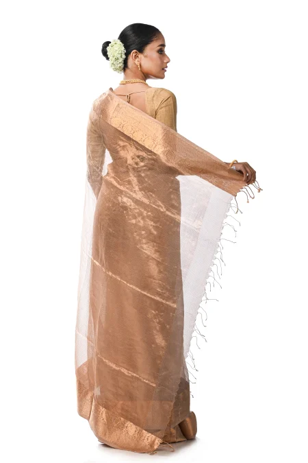 Handwoven Tangail Silk Saree with Zari Work - Beige - Image 3