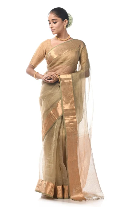 Handwoven Tangail Silk Saree with Zari Work - Moss Green - Image 3