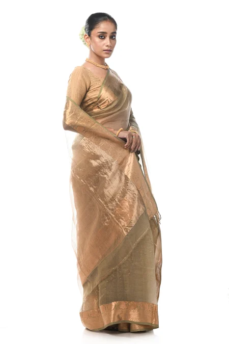 Handwoven Tangail Silk Saree with Zari Work - Moss Green - Image 4