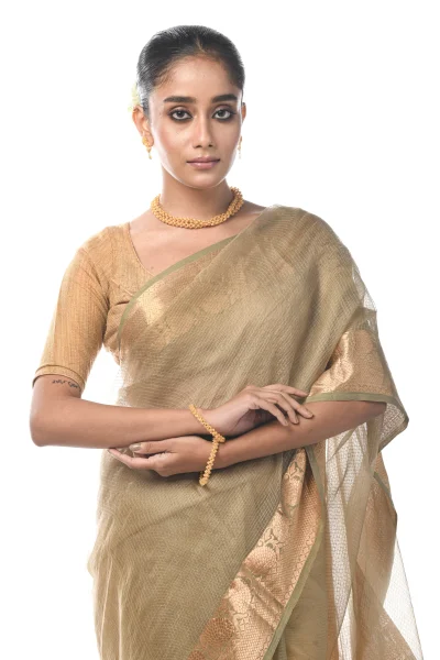 Handwoven Tangail Silk Saree with Zari Work - Moss Green