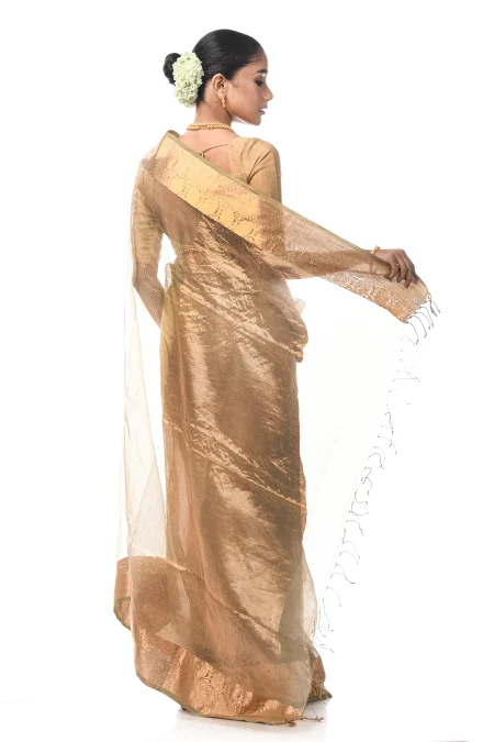 Handwoven Tangail Silk Saree with Zari Work - Moss Green - Image 2