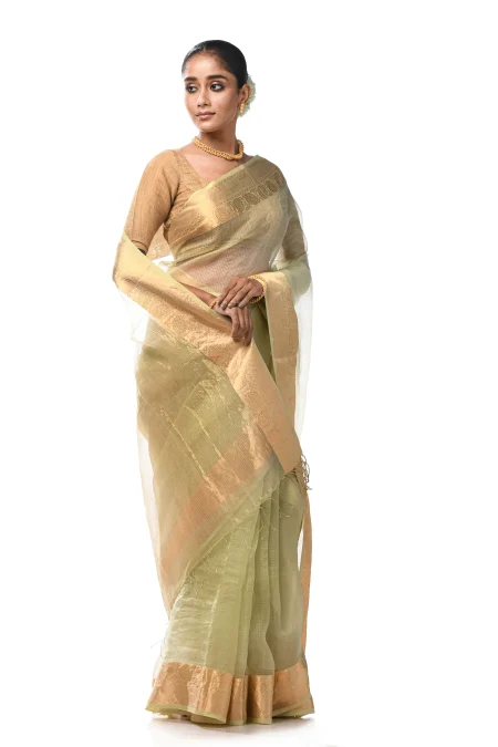 Tangail Zari Silk Saree - Sea Green - Image 3