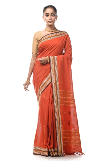 Handwoven Tangail Cotton Saree - Rust - Image 2