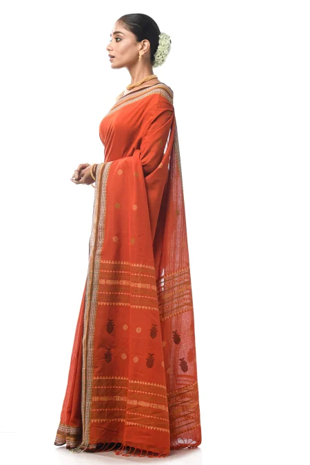 Handwoven Tangail Cotton Saree - Rust - Image 4