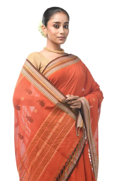 Handwoven Tangail Cotton Saree - Rust