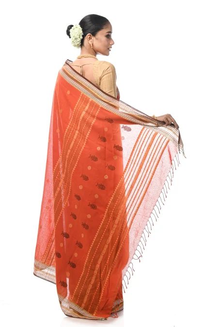 Handwoven Tangail Cotton Saree - Rust - Image 3