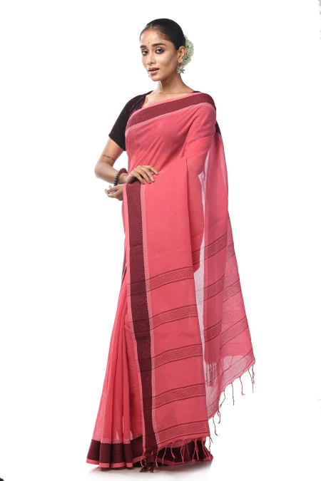 Santipuri Cotton Saree - Pink - Image 4