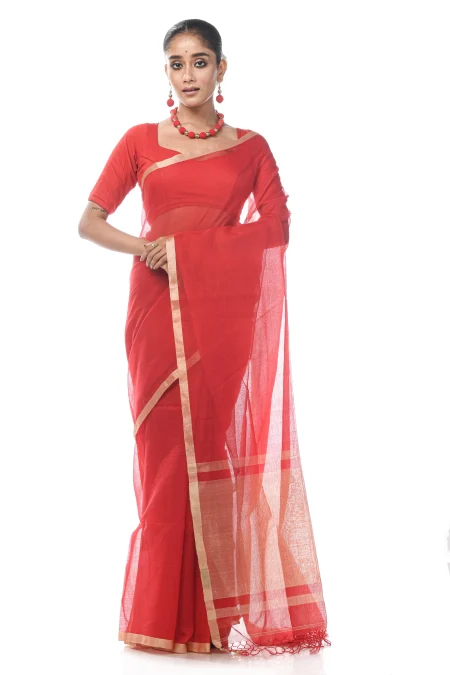 Handwoven Tangail Cotton Saree - Red - Image 3