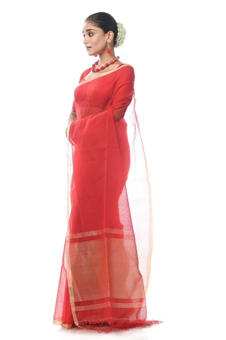 Handwoven Tangail Cotton Saree - Red - Image 4