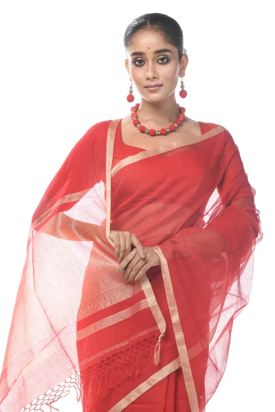 Handwoven Tangail Cotton Saree - Red