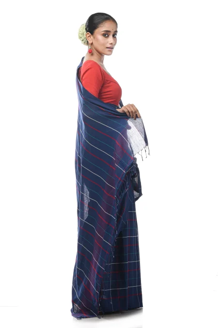 Handwoven Tangail Cotton Saree - Indigo Blue - Image 2